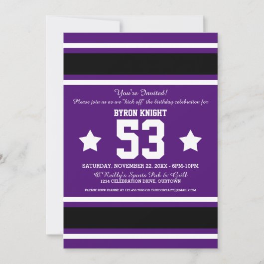 サッカーのユニフォーム 紫|黒のパーティー招待状 招待状 (正面)