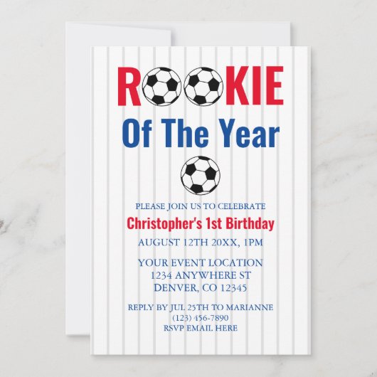 サッカーのルーキー1歳の誕生日 招待状 (正面)