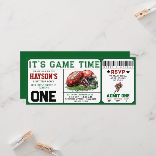サッカーの一年中下りチケット1st誕生日 招待状 (正面/裏面インサイチュ)