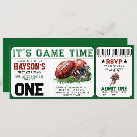 サッカーの一年中下りチケット1st誕生日 招待状 (正面/裏面)