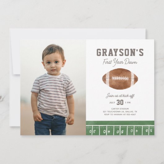 サッカーの一年中下り1歳の誕生日の写真 招待状 (正面)