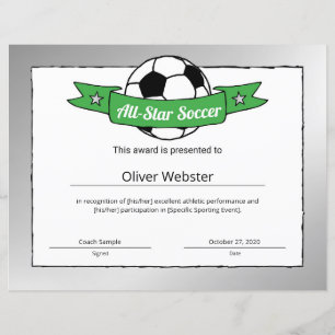 サッカーの全スター賞受賞者サッカー証明書