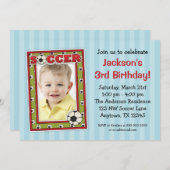 サッカーの写真の誕生会の青の招待状 招待状 (正面/裏面)