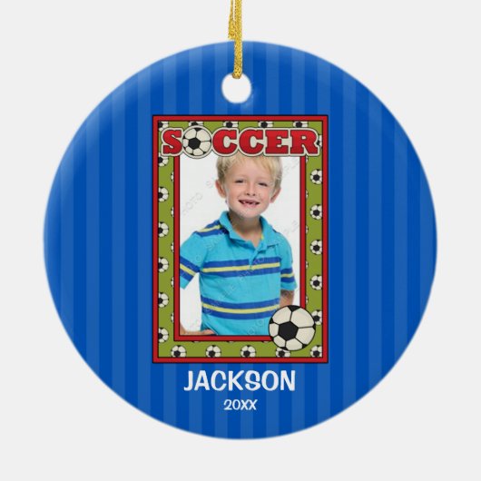 サッカーの写真フレームはパーソナライズなクリスマスをからかいます セラミックオーナメント (裏面)