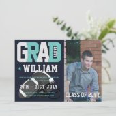 サッカーの卒業写真の招待状ブルー 招待状 (スタンド正面)