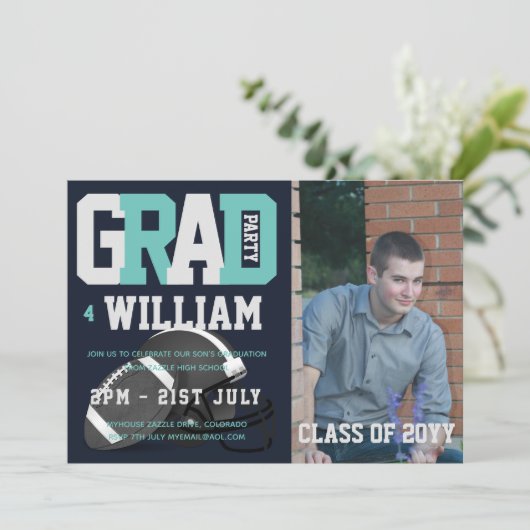 サッカーの卒業写真の招待状ブルー 招待状 (スタンド正面)
