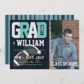 サッカーの卒業写真の招待状ブルー 招待状 (正面/裏面)