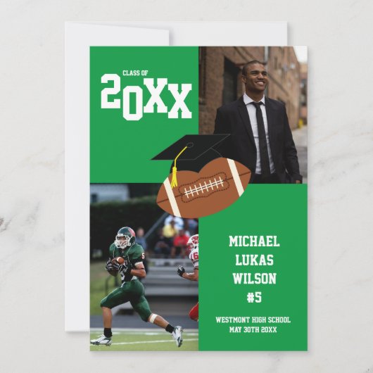 サッカーの卒業式スポーツグリーン発表 招待状 (正面)