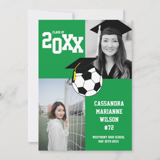 サッカーの卒業式スポーツグリーン白アナウンス 招待状 (正面)