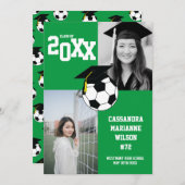 サッカーの卒業式スポーツグリーン白アナウンス 招待状 (正面/裏面)