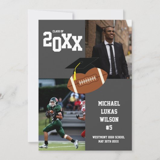 サッカーの卒業式スポーツグレー発表 招待状 (正面)