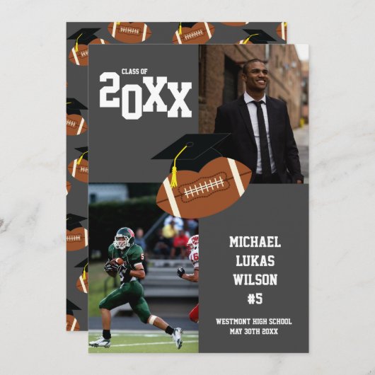 サッカーの卒業式スポーツグレー発表 招待状 (正面/裏面)