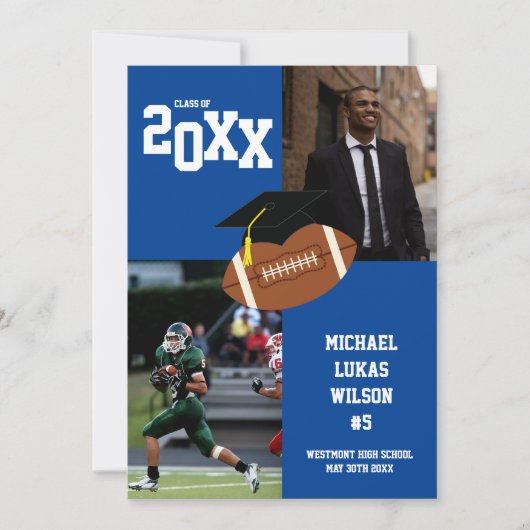 サッカーの卒業式スポーツブルー発表 招待状 (正面)