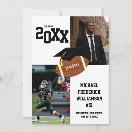 サッカーの卒業式スポーツ白黒 招待状 (正面)