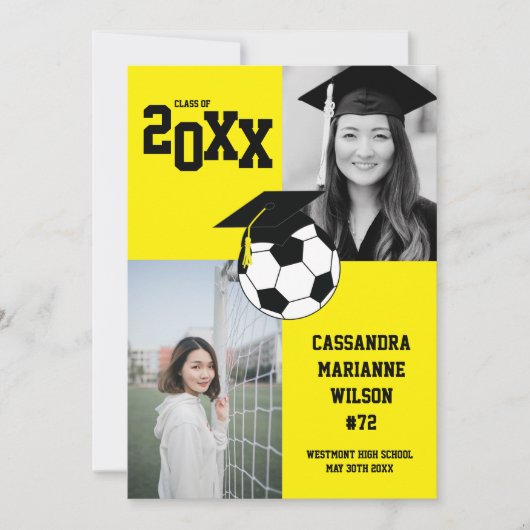 サッカーの卒業式スポーツ黄色の発表 招待状 (正面)