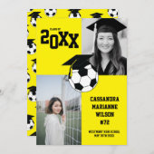 サッカーの卒業式スポーツ黄色の発表 招待状 (正面/裏面)