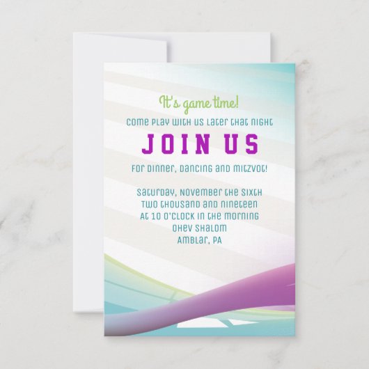 サッカーの女の子のバーの（ユダヤ教の）バル・ミツバーの招待状のパーティーカード 招待状 (正面)