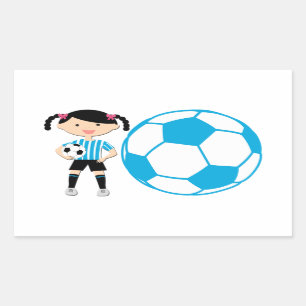 サッカーの女の子2および球青および白のストライプ 長方形シール