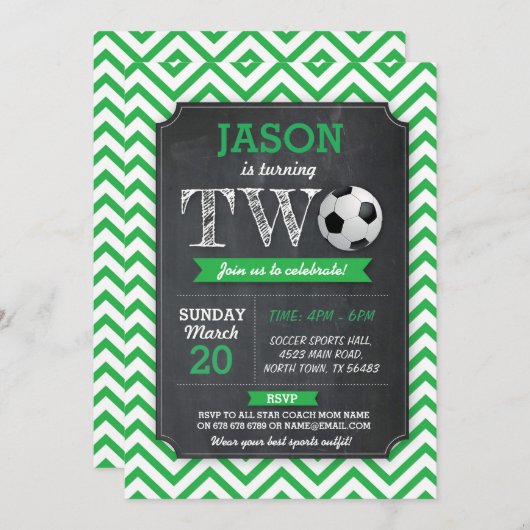 サッカーの招待のパーティーの第2誕生日2のフットボール 招待状 (正面/裏面)