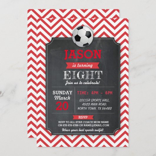サッカーの招待のパーティーの誕生日のスポーツの赤のフットボール 招待状 (正面/裏面)