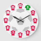 サッカーの時計-赤と白のシャツ付き ラージ壁時計 (正面)