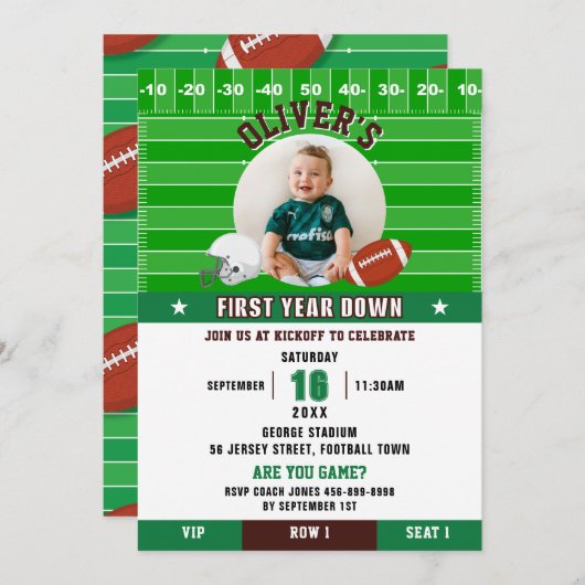 サッカーの最初の年を下る1st最初の誕生日写真 招待状 (正面/裏面)