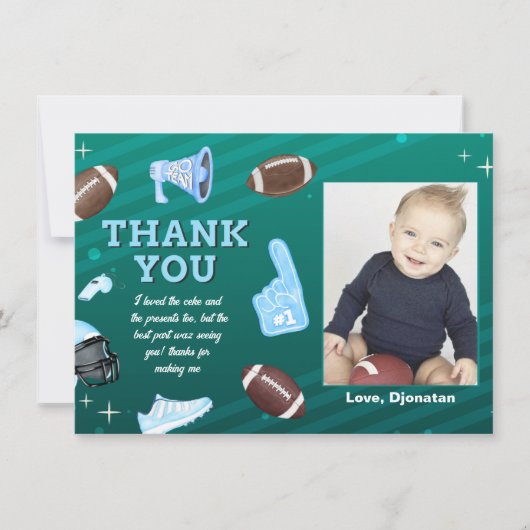 サッカーの最初の誕生日サンキューカードと写真 招待状 (正面)