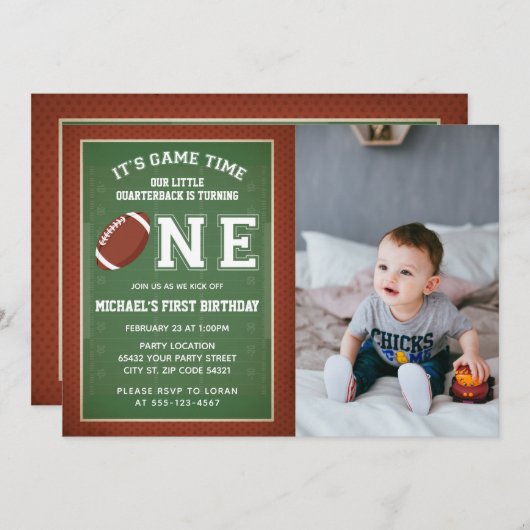 サッカーの最初の誕生日写真 招待状 (正面/裏面)