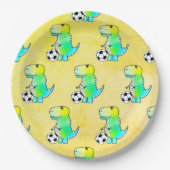 サッカーの水彩が大好きかわいい恐竜 ペーパープレート (正面)
