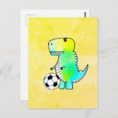 サッカーの水彩が大好きかわいい恐竜 ポストカード (正面/裏面)