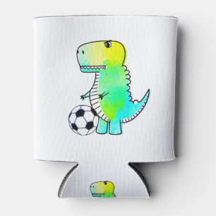 サッカーの水彩が大好きかわいい恐竜 缶クーラー