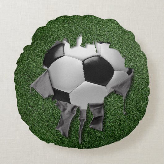 サッカーの白い枕を引き裂く ラウンドクッション (正面)