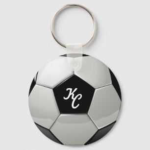 サッカーの白黒ボールモノグラムイニシャル キーホルダー