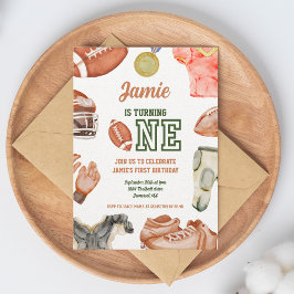 サッカーの第1バースデーボーイズ水彩 招待状