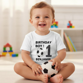 サッカーの第1誕生日パーティー ベビーTシャツ