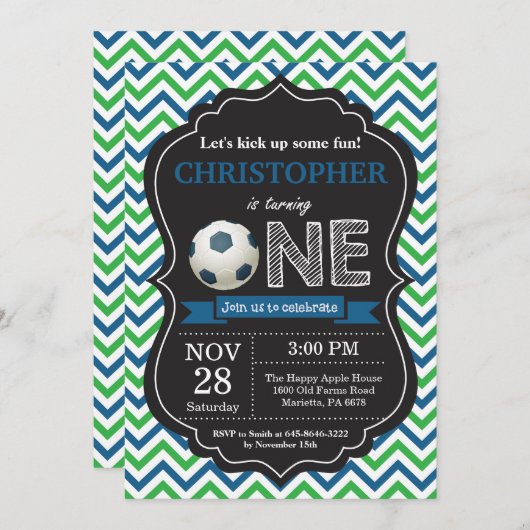 サッカーの誕生日の招待状の第1誕生会 招待状 (正面/裏面)