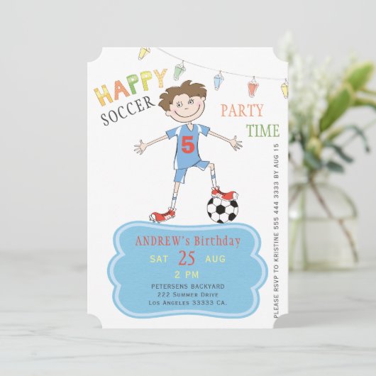 サッカーの誕生日の男の子5年スポーツおもしろいパーティー 招待状 (スタンド正面)