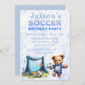 サッカーの誕生日パーティーでかわいいテディベア 招待状 (正面/裏面)