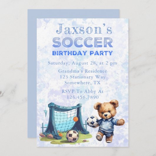 サッカーの誕生日パーティーでかわいいテディベア 招待状 (正面/裏面)