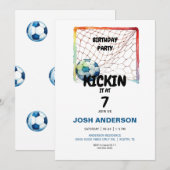 サッカーの誕生日パーティーでキックイン 招待状 (正面/裏面)