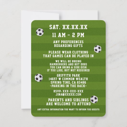 サッカーの誕生日パーティーの写真 招待状 (裏面)