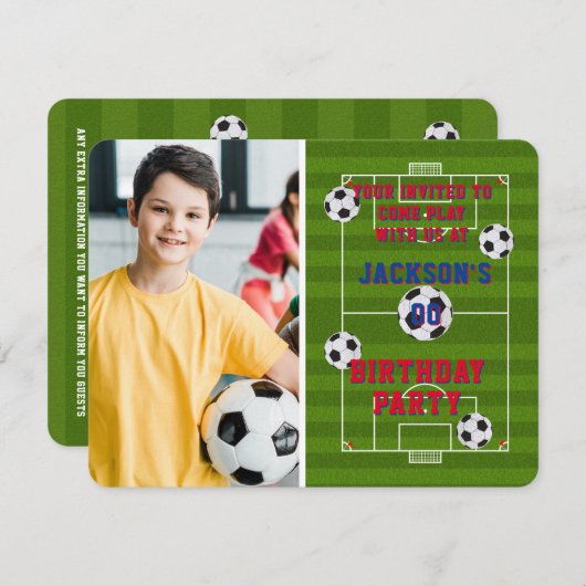 サッカーの誕生日パーティーの写真 招待状 (正面/裏面)