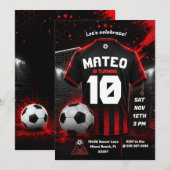サッカーの誕生日パーティーの招待状の赤い背景 招待状 (正面/裏面)