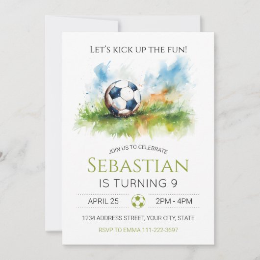 サッカーの誕生日パーティーへの招待 招待状 (正面)