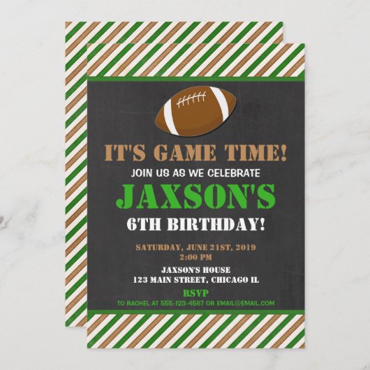 サッカーの誕生日パーティー緑の黒い黒板少年 招待状 (正面/裏面)