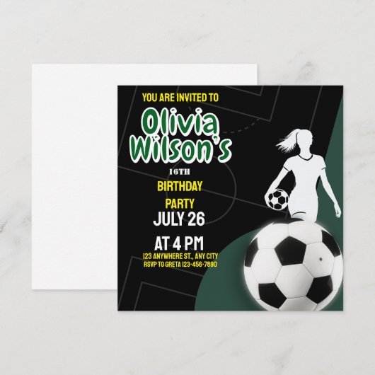 サッカーの誕生日パーティー,サッカー選手の女の子 招待状 (正面/裏面)