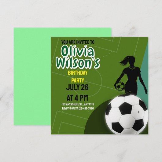サッカーの誕生日パーティー,サッカー選手の女の子 招待状 (正面/裏面)