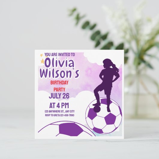 サッカーの誕生日パーティー，サッカー選手の女の子 招待状 (スタンド正面)