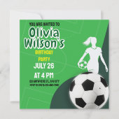 サッカーの誕生日パーティー，サッカー選手の女の子 招待状 (正面)