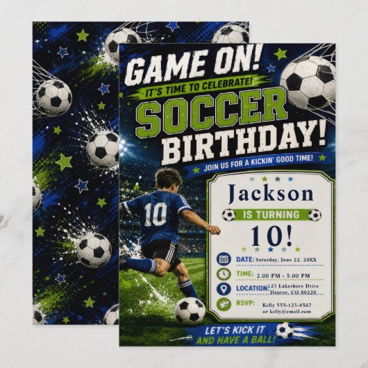 サッカーの誕生日パーティー 招待状 (正面/裏面)